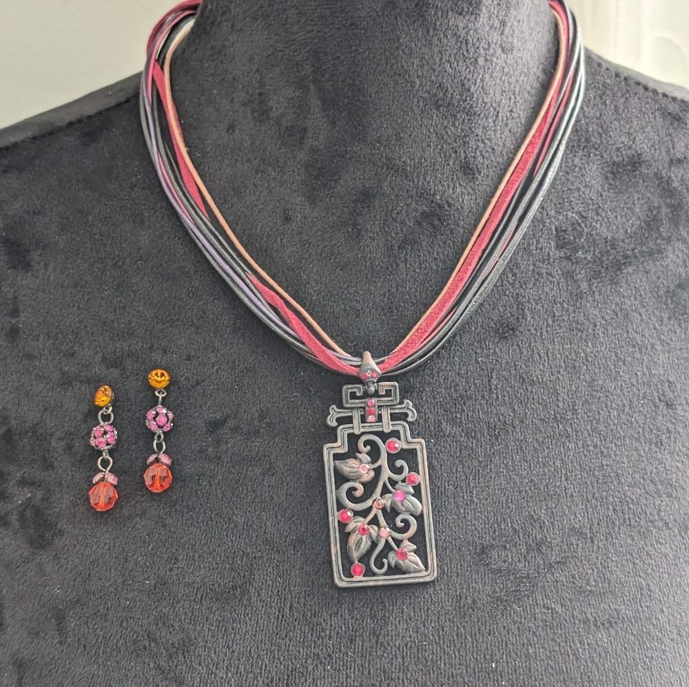 Chico's Retired, Black Red Pink Rhinestone Floral Pendant Necklace and Earrings